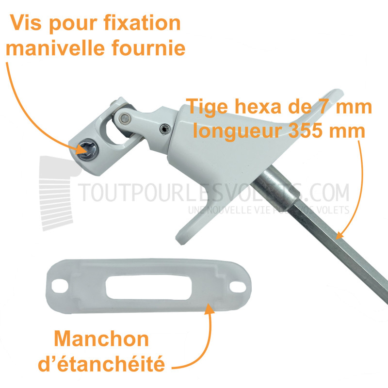 Sortie 90° - Entrée Rond ø 12 femelle - Tige Hexa 7 L 355 - Blanc